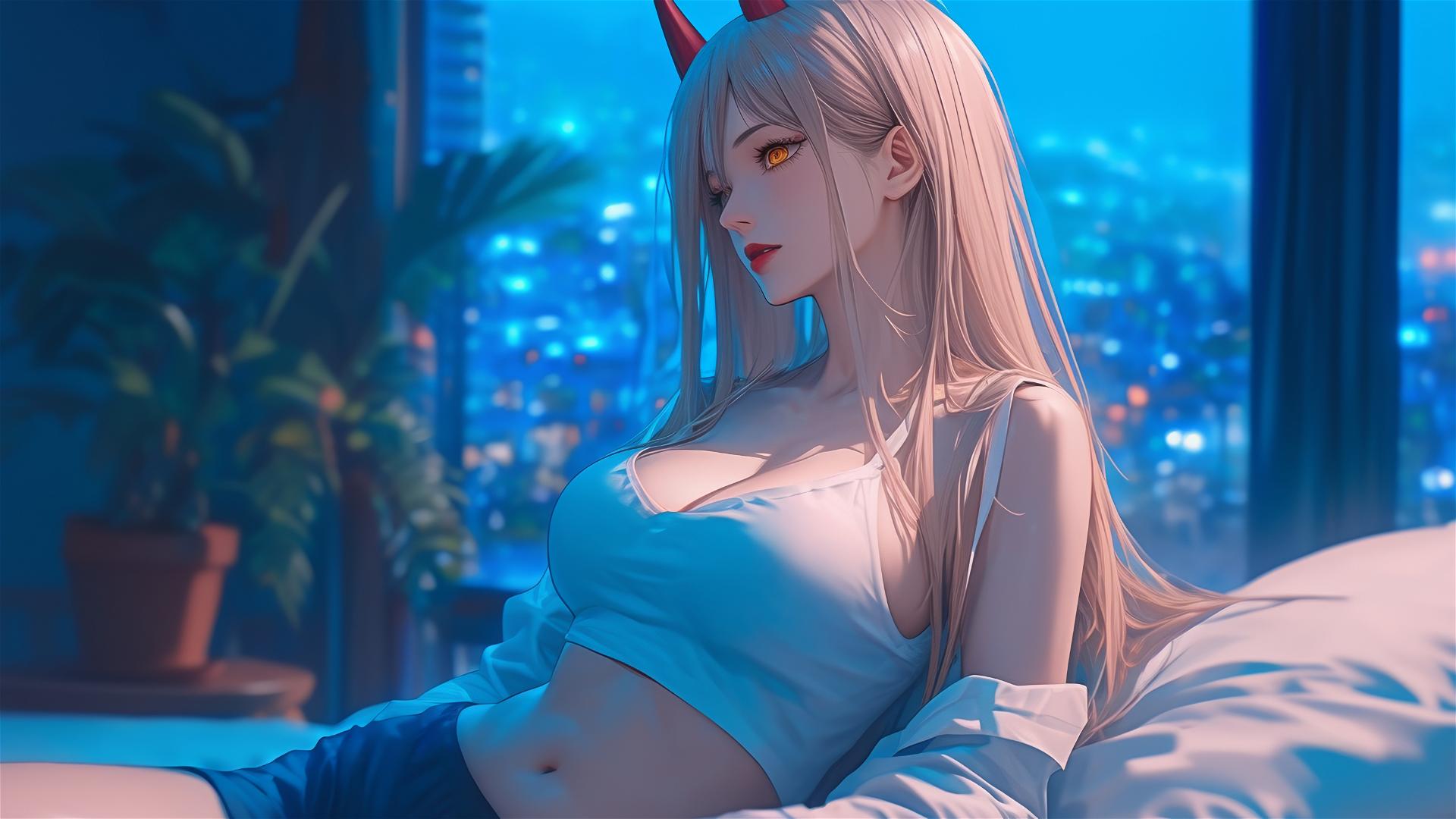 Power from Chainsaw Man resting in apartment with focus on thighs, blond hair, and red horns.
