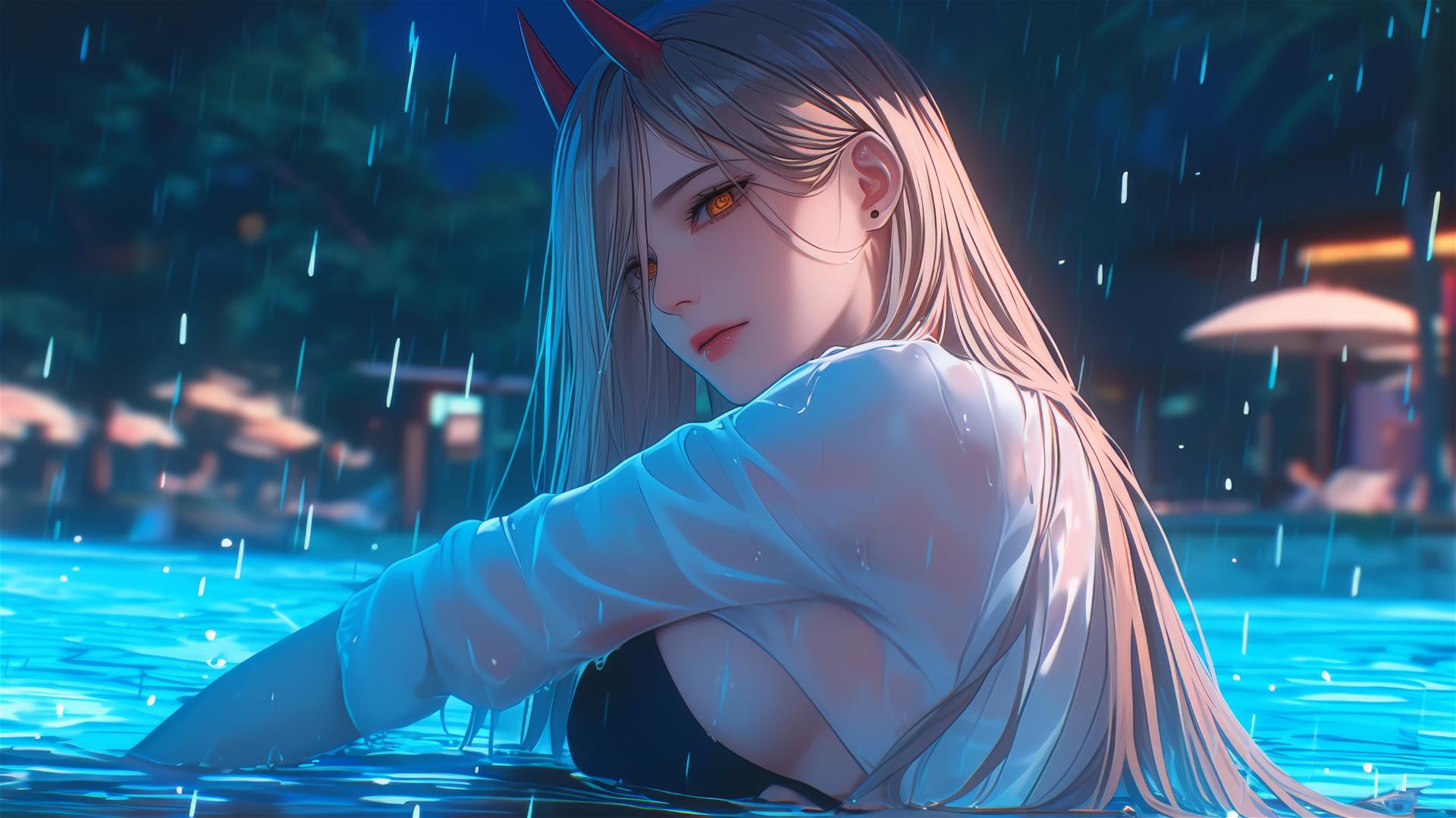 Power from Chainsaw Man resting at a rainy swimming pool, blond hair, light red horns, yellow eyes