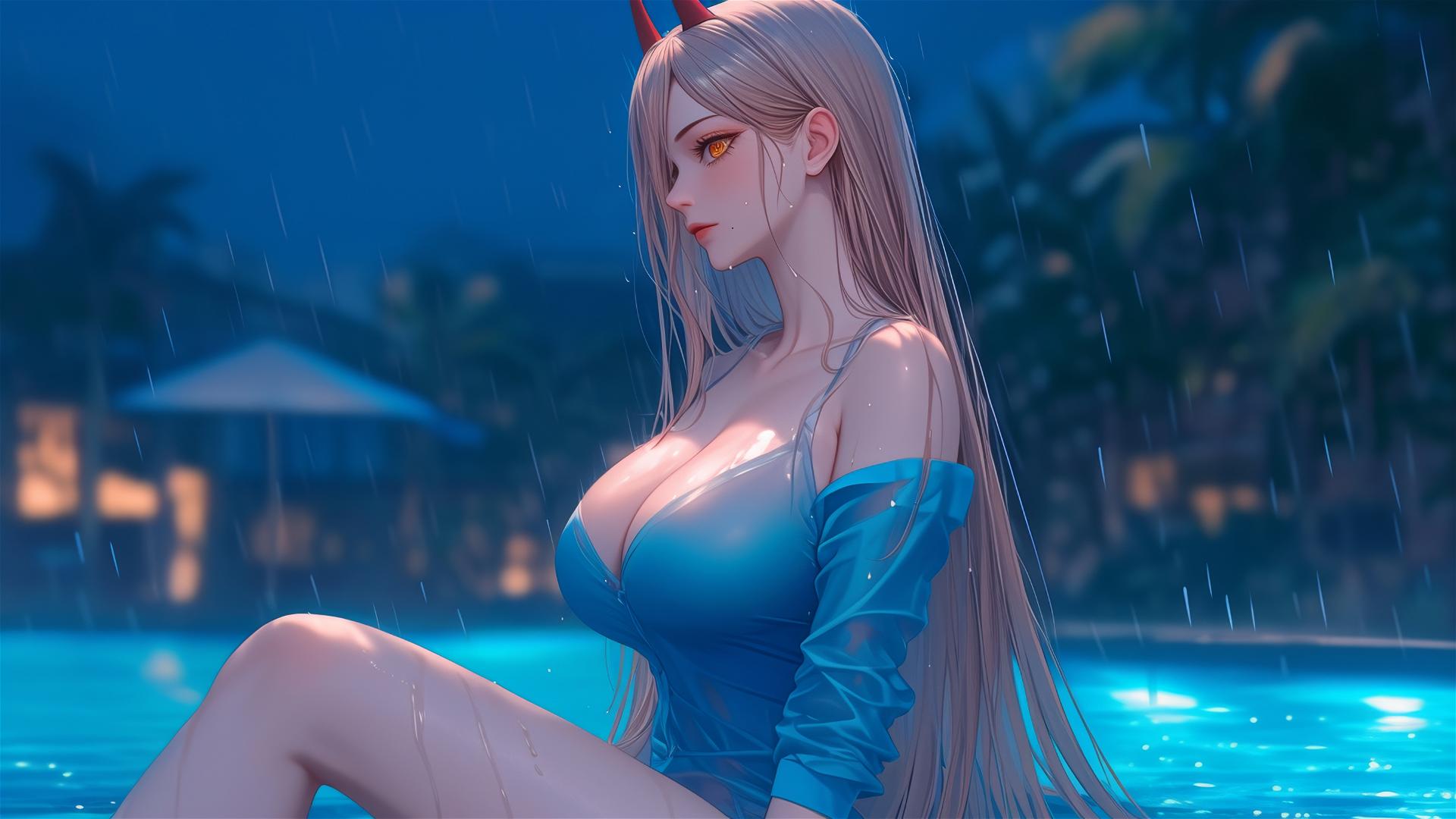 Anime character Power from Chainsaw Man resting by a rainy poolside, with a detail on thighs, blond hair, and light red horns