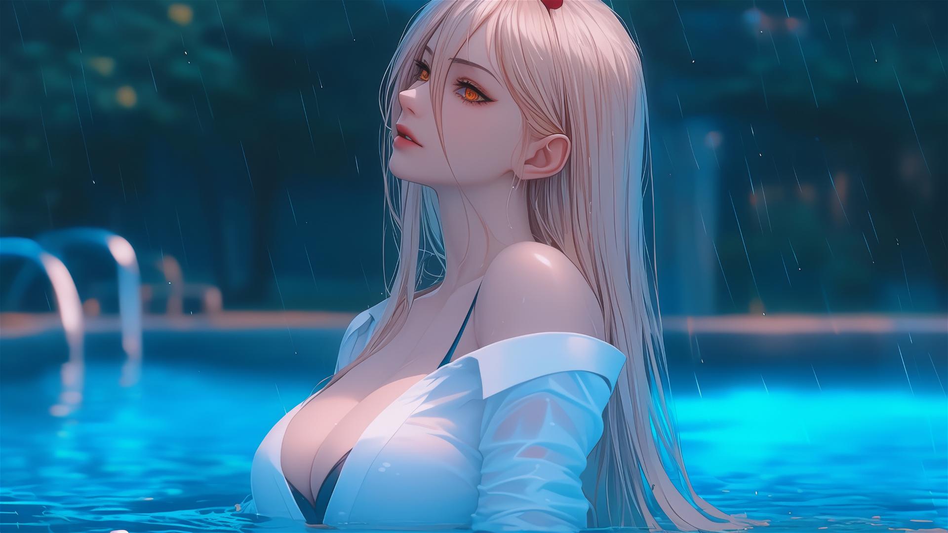 Power from Chainsaw Man resting near a rainy swimming pool, focusing on her thighs, blonde hair, light red horns and yellow eyes