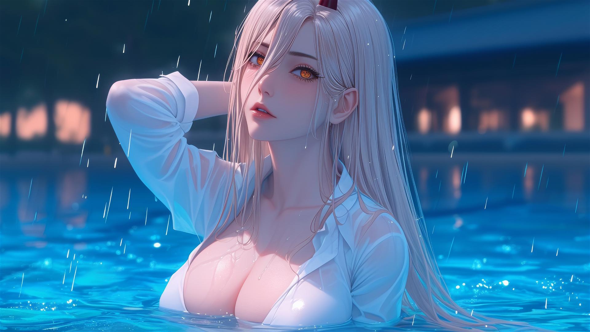 Power from Chainsaw Man resting at rainy pool with thigh focus, blond hair, and light red horns.