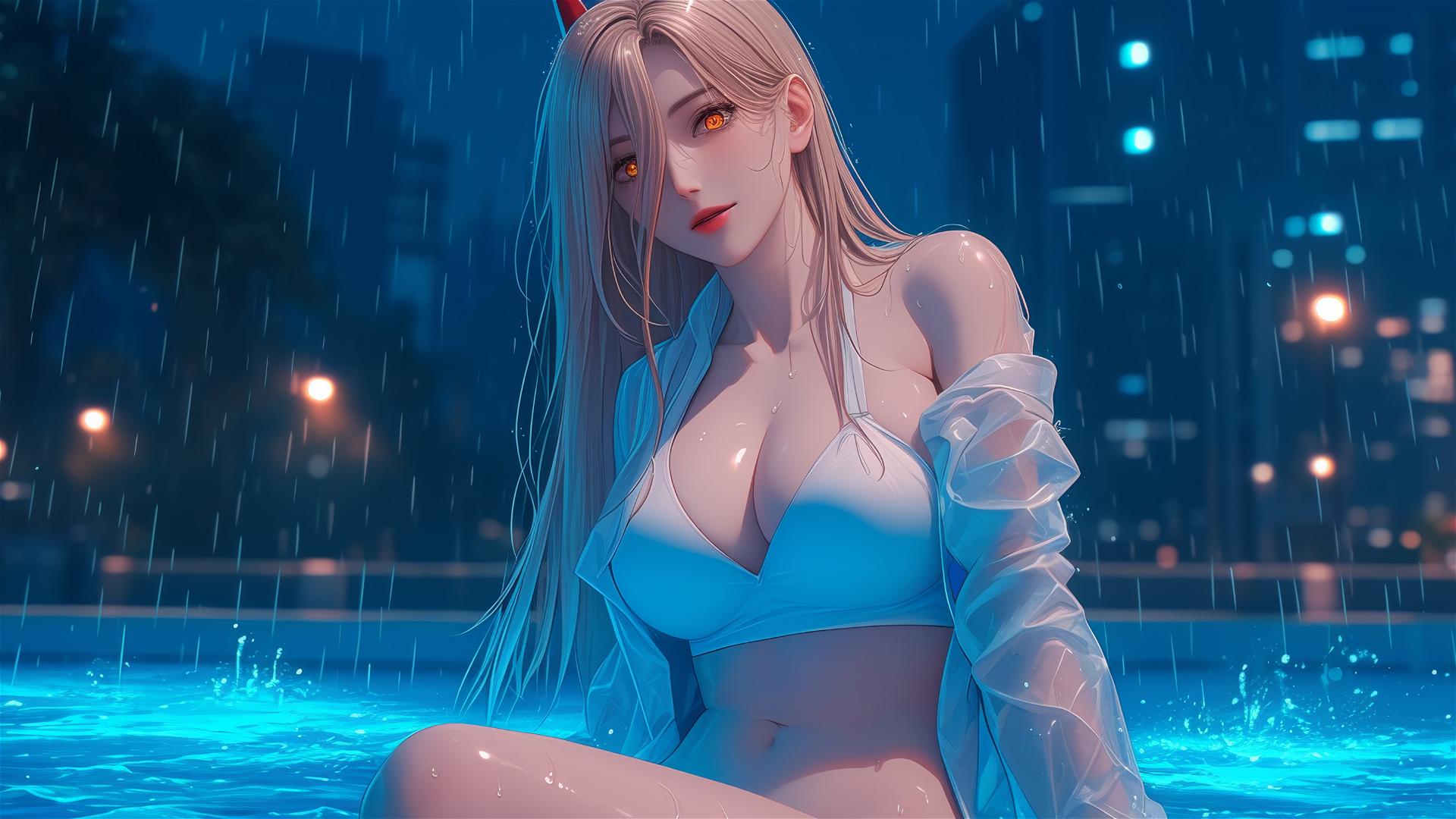 Power from Chainsaw Man relaxing at rainy swimming pool, with a focus on thigh, blond hair and light red horns, yellow eyes