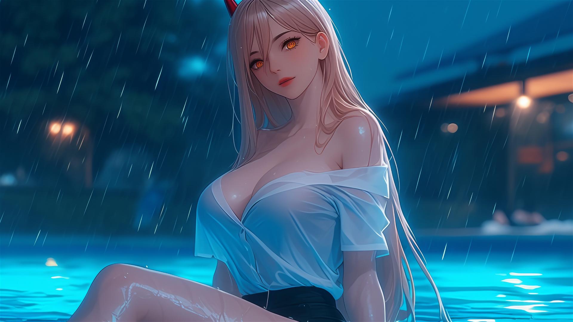 Power from Chainsaw Man resting at rainy pool with yellow eyes and light red horns