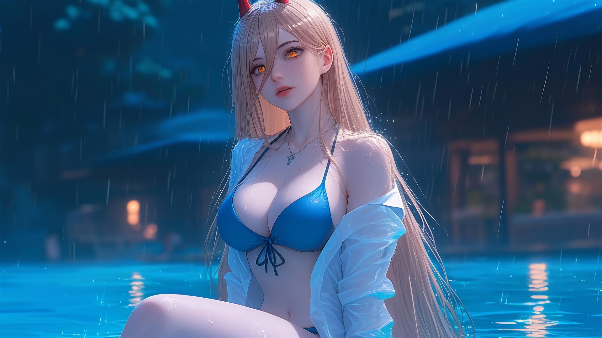 Power from Chainsaw Man resting at rainy pool, thigh focus, blond hair, red horns, yellow eyes.