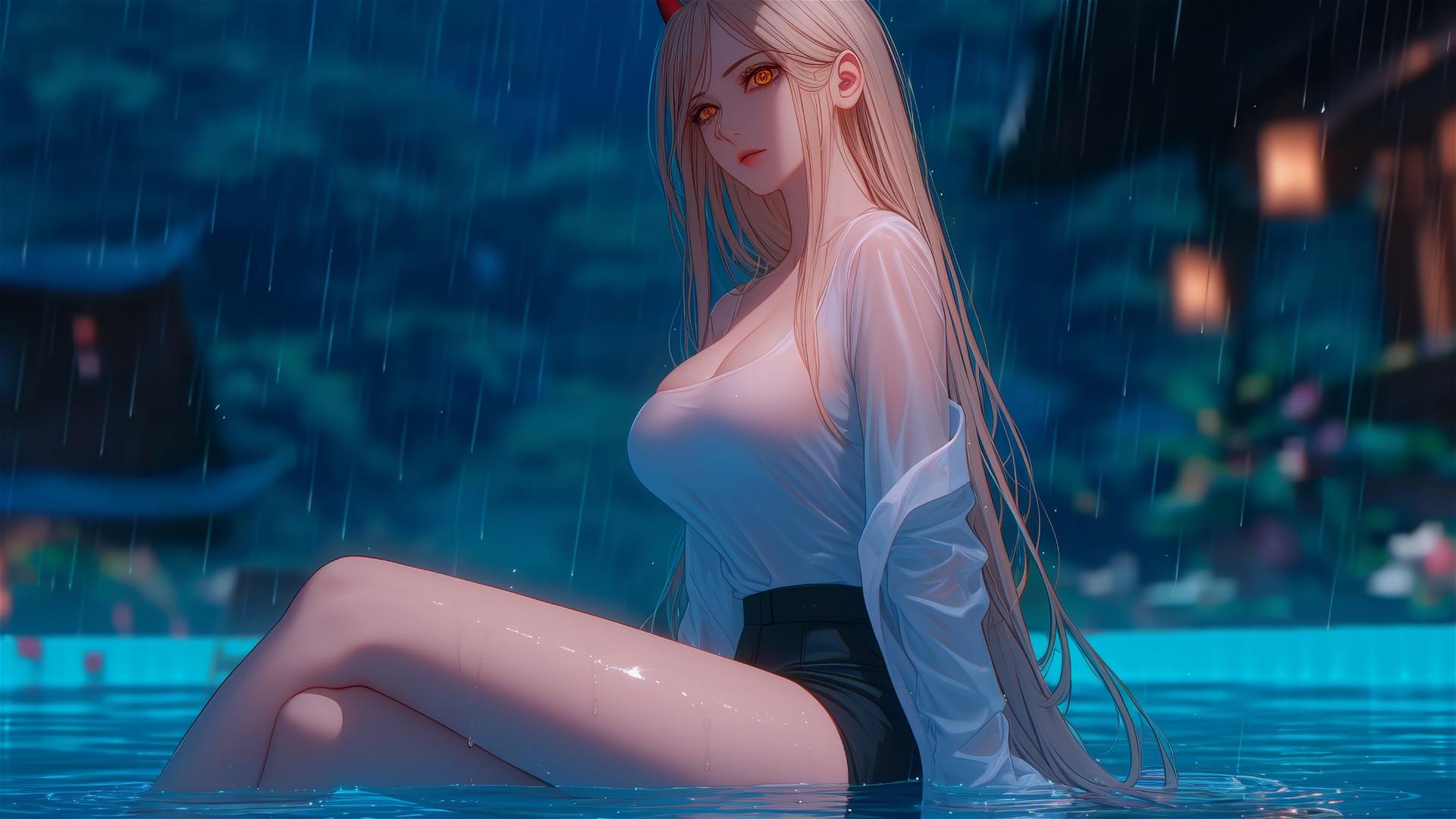 Power from Chainsaw Man resting at a rainy pool with blond hair and light red horns
