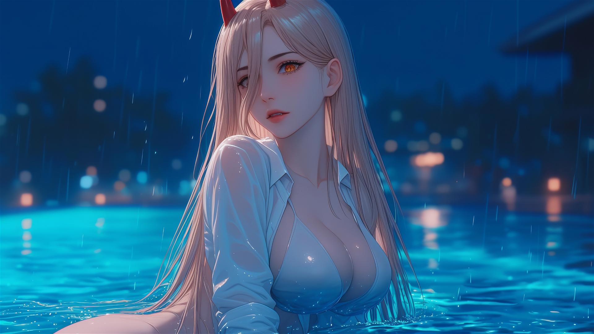 Power from Chainsaw Man resting at rainy swimming pool, thigh focus, blond hair, light red horns, yellow eyes.