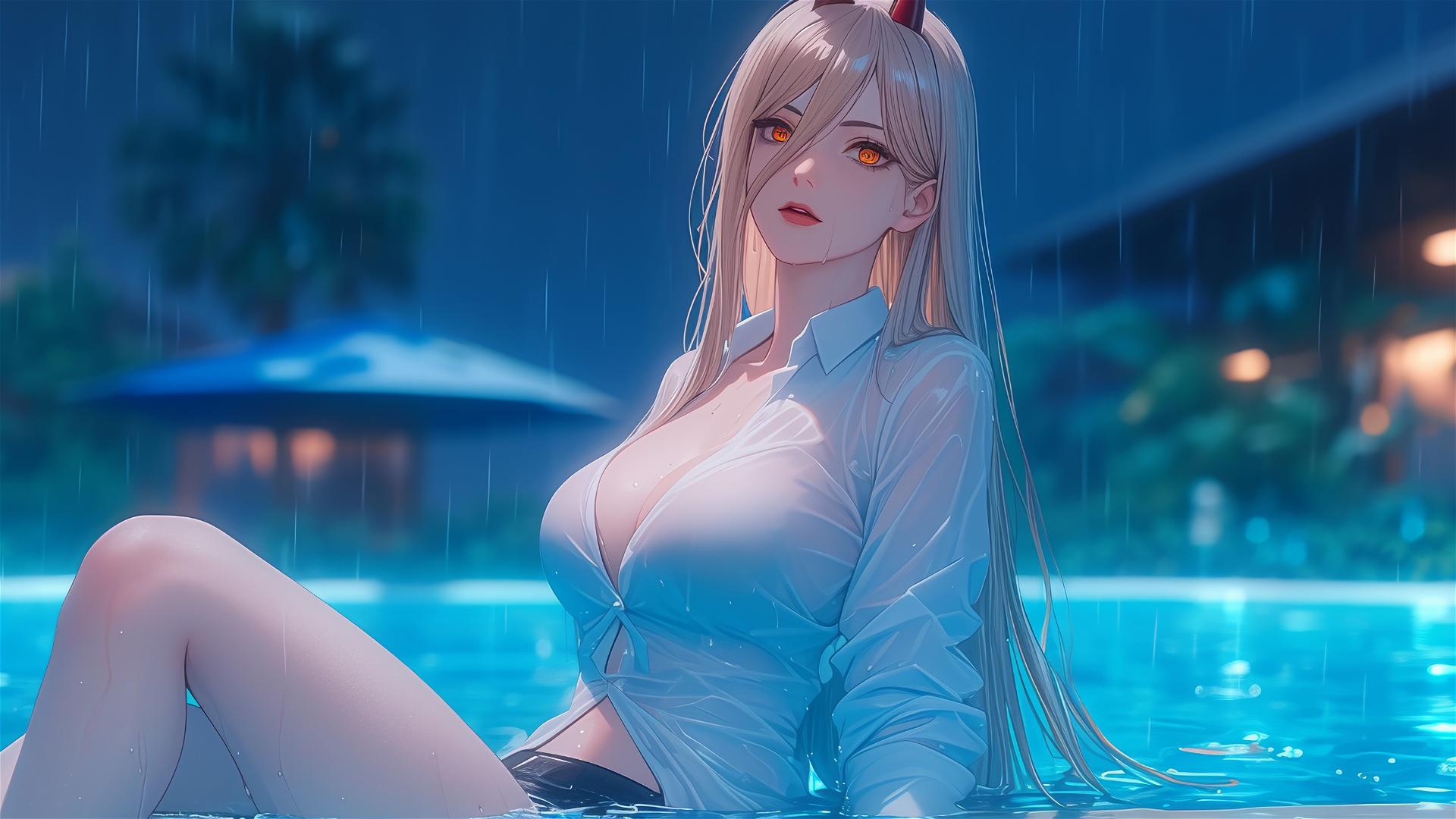 Power, the character from Chainsaw Man, relaxes at a rainy swimming pool, focus on her thighs, with blond hair, light red horns and yellow eyes