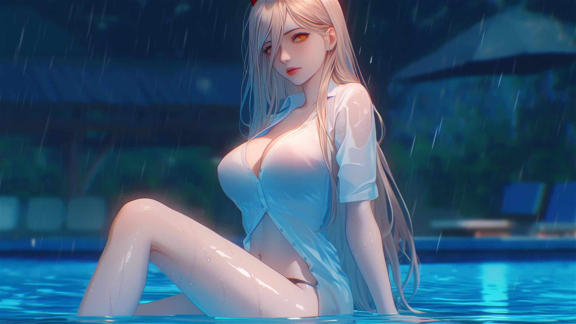 Power from Chainsaw Man resting at a rainy pool with light red horns, blond hair and yellow eyes