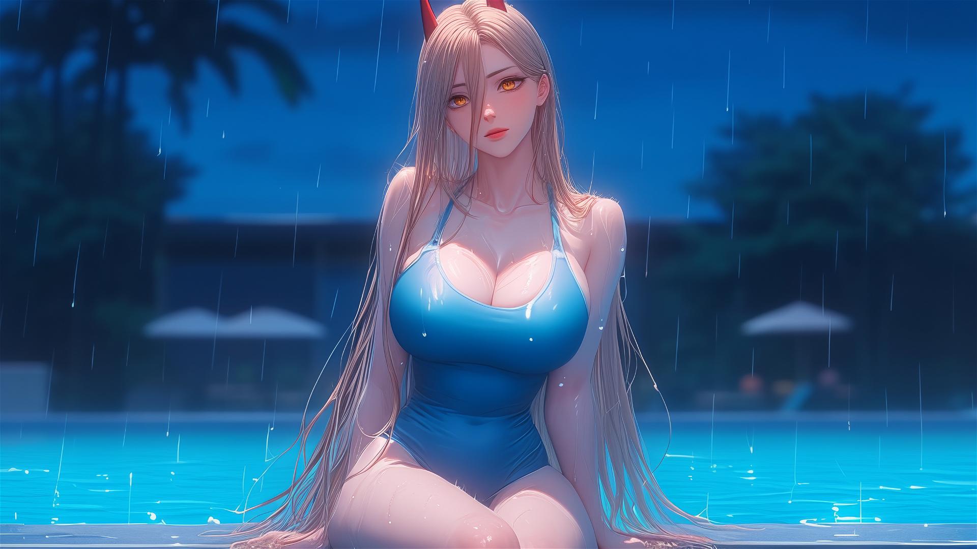 Power from Chainsaw Man resting at a pool in the rain, with blond hair, light red horns, and yellow eyes