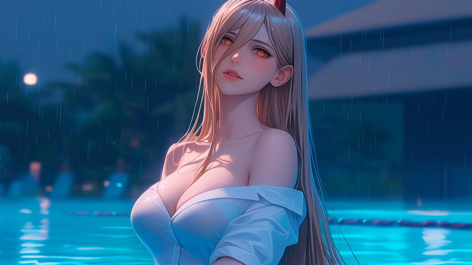 Power from Chainsaw Man resting at a rainy swimming pool with light red horns, blond hair, and yellow eyes