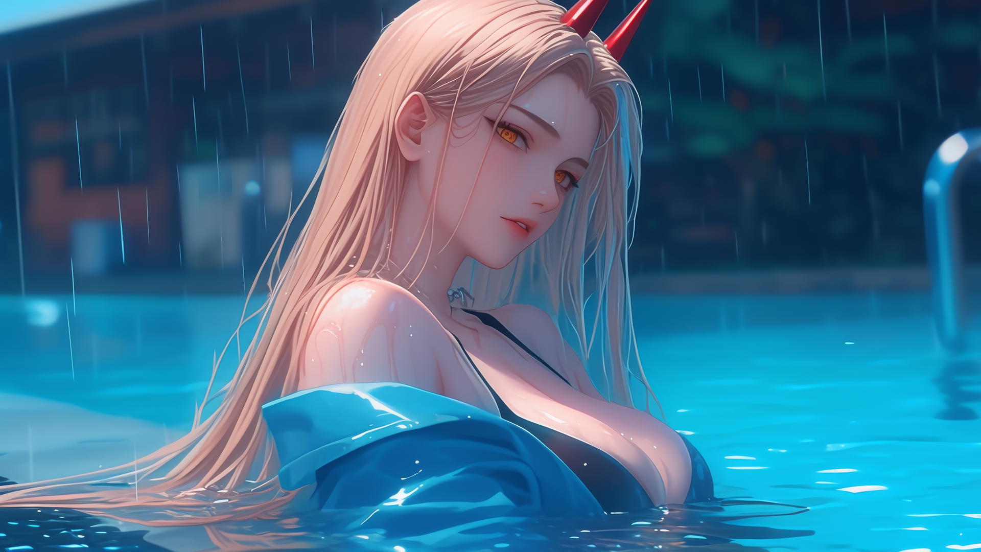 Power from Chainsaw Man resting at rainy pool, thigh focus, blond hair, red horns, yellow eyes