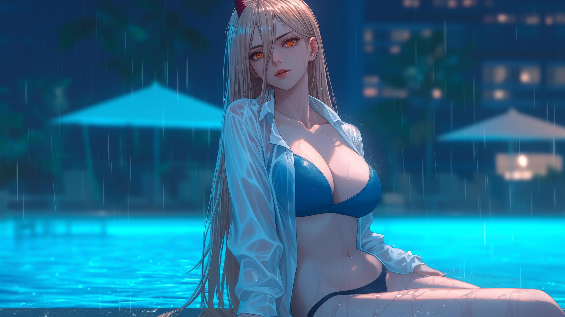 Illustration of Power from Chainsaw Man, resting at a rainy swimming pool, with light red horns and blond hair,
