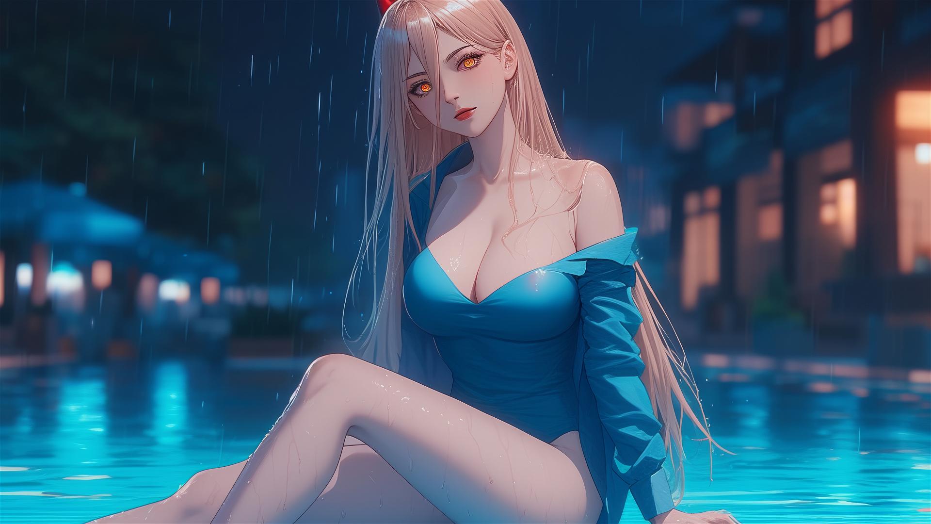 Power from Chainsaw Man, resting at a rainy swimming pool, with light red horns, yellow eyes, and blond hair.