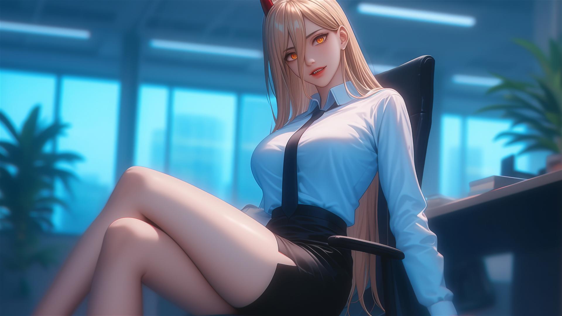 Blond woman with light red horns and yellow eyes at the end of an office hallway