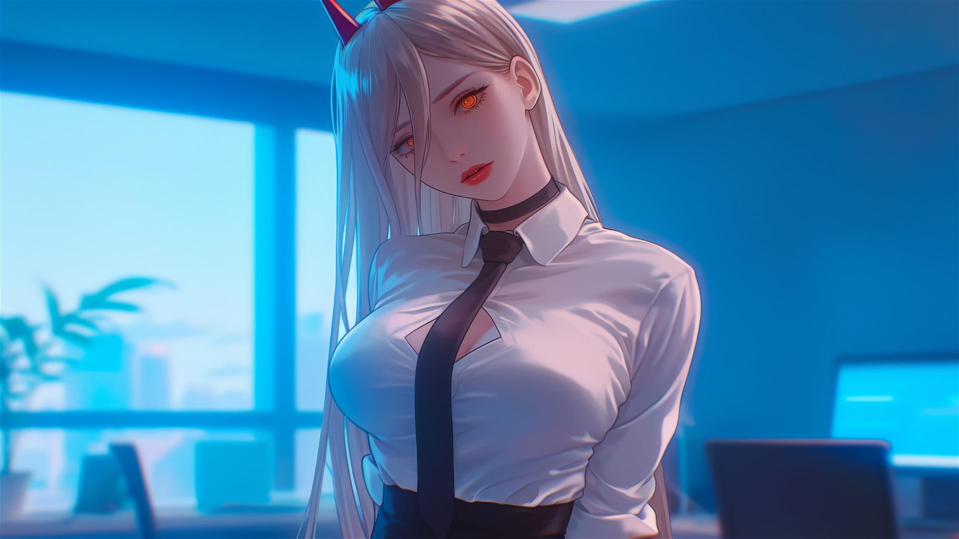 Bird's-eye view of Power in Chainsaw Man, in office setting, showing thigh, blonde hair, light red horns, yellow eyes