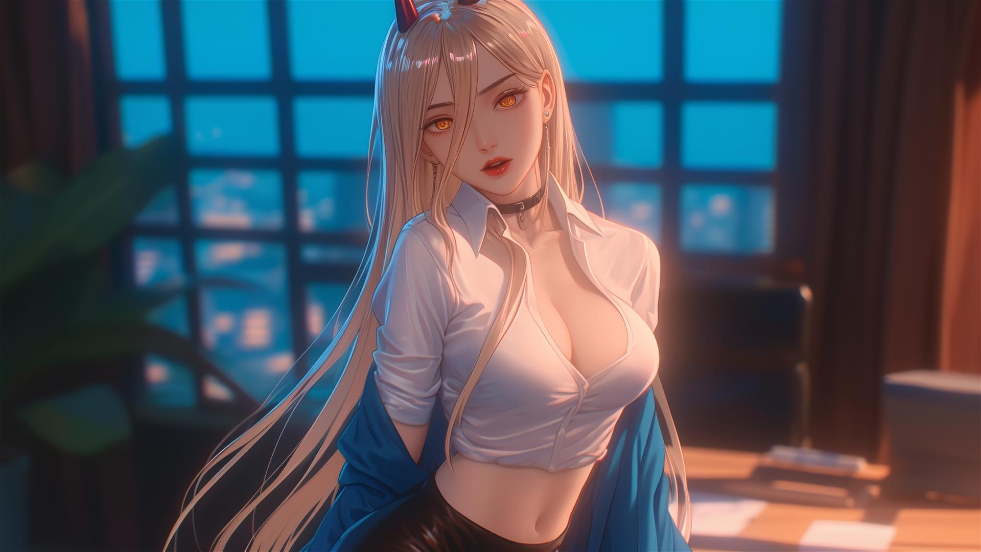 Blonde-haired Power from Chainsaw Man in office, showing thigh, light red horns, and yellow eyes