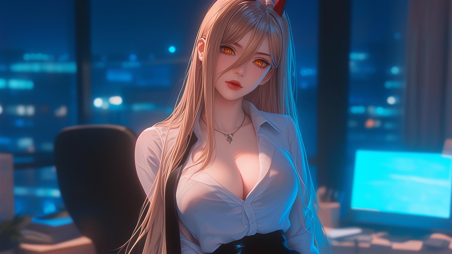 Power in Chainsaw Man viewed from a bird's-eye perspective, showing blonde hair, light red horns, and yellow eyes, in an office setting