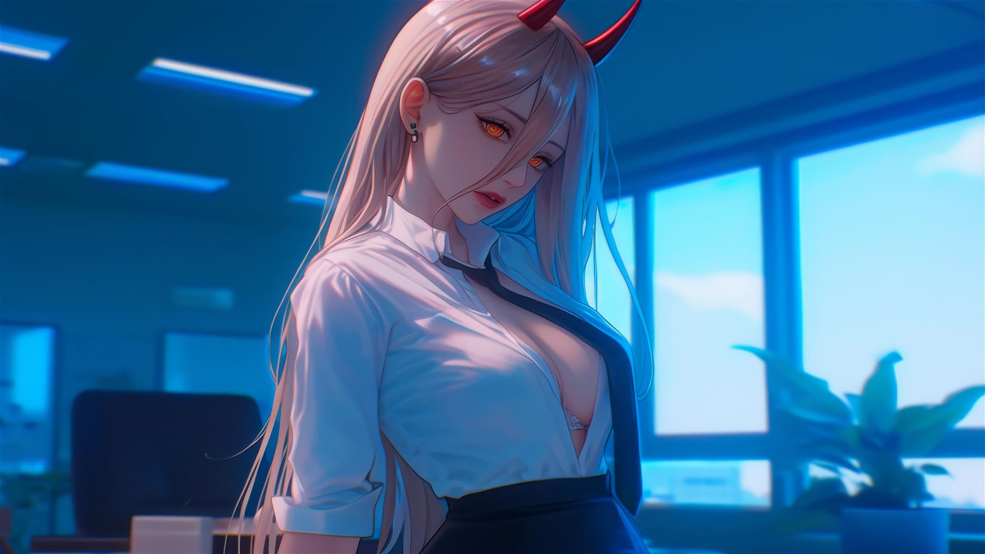 Blonde with light red horns and yellow eyes in office from bird's eye view