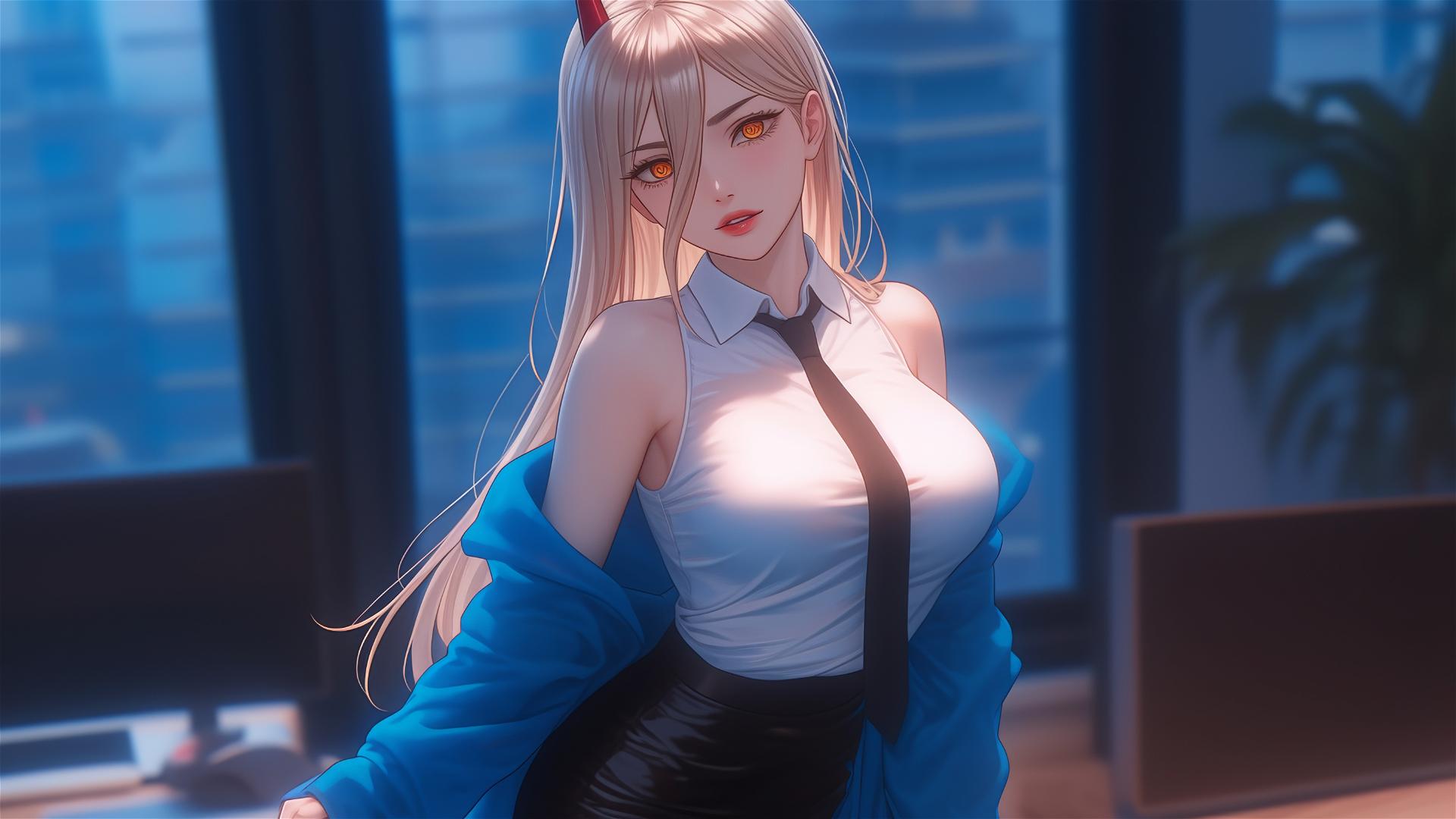 Power from Chainsaw Man standing in an office, showing thigh, with blonde hair, light red horns, and yellow eyes