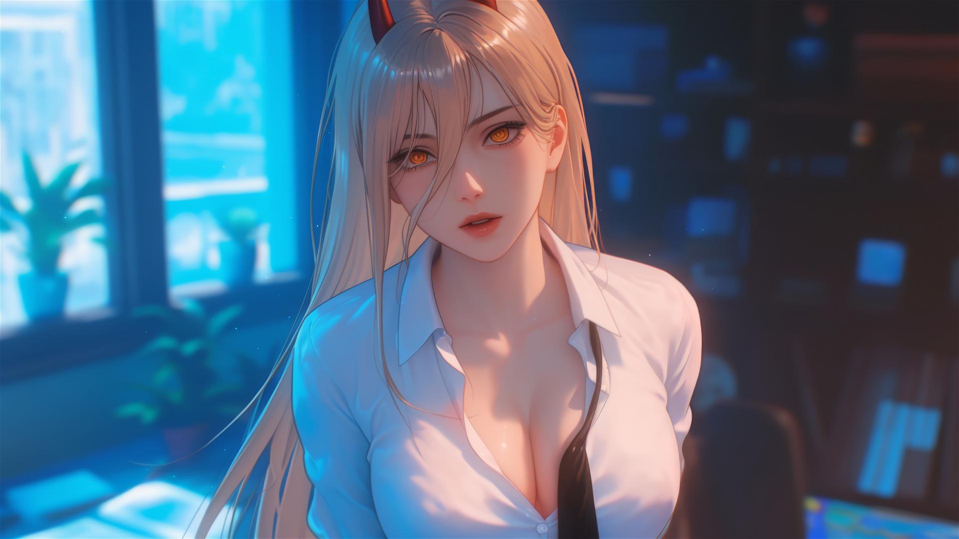 Top view of Power from Chainsaw Man in office with blonde hair and red horns