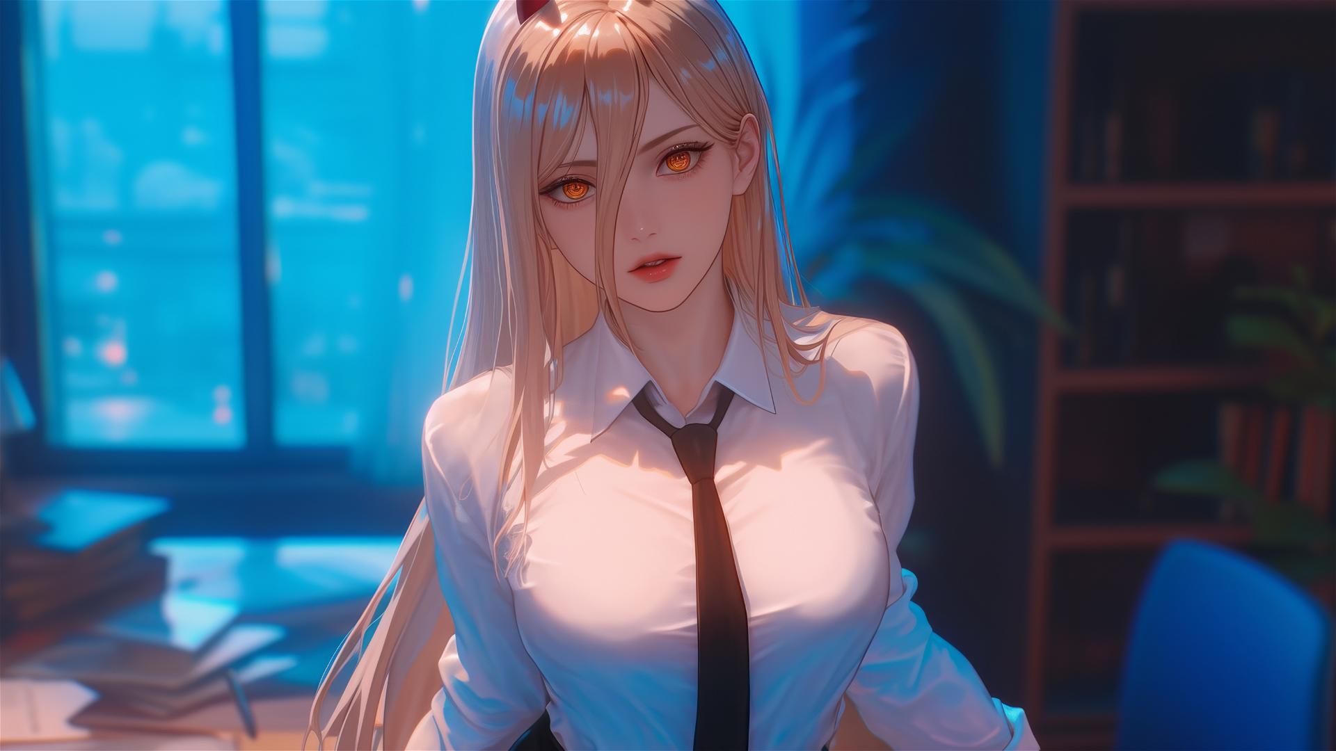 Top view of Power from Chainsaw Man, in office setting, highlighting blonde hair, light red horns, yellow eyes, and revealed thigh