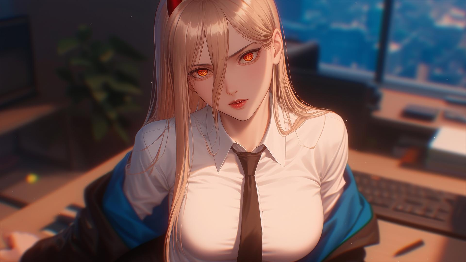 Power from Chainsaw Man standing in office with blonde hair and light red horns