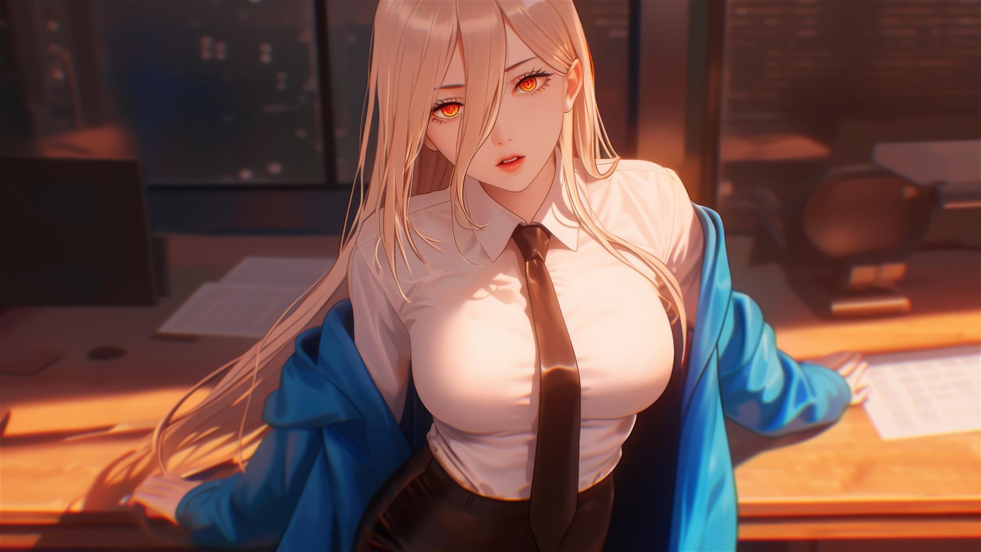 A bird's-eye view of Power from Chainsaw Man in an office scene showing her thigh, blonde hair, light red horns, and yellow eyes