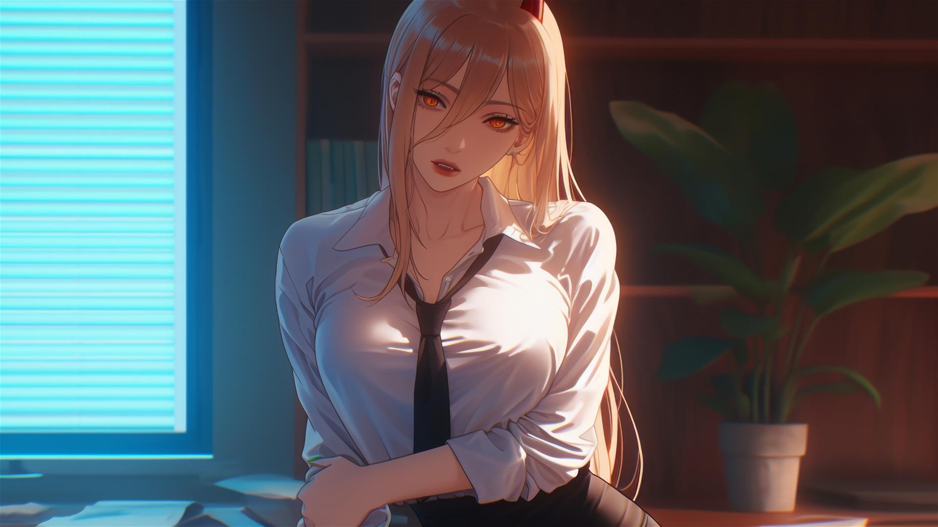 Chainsaw Man's Power in office with blonde hair, light red horns, and yellow eyes