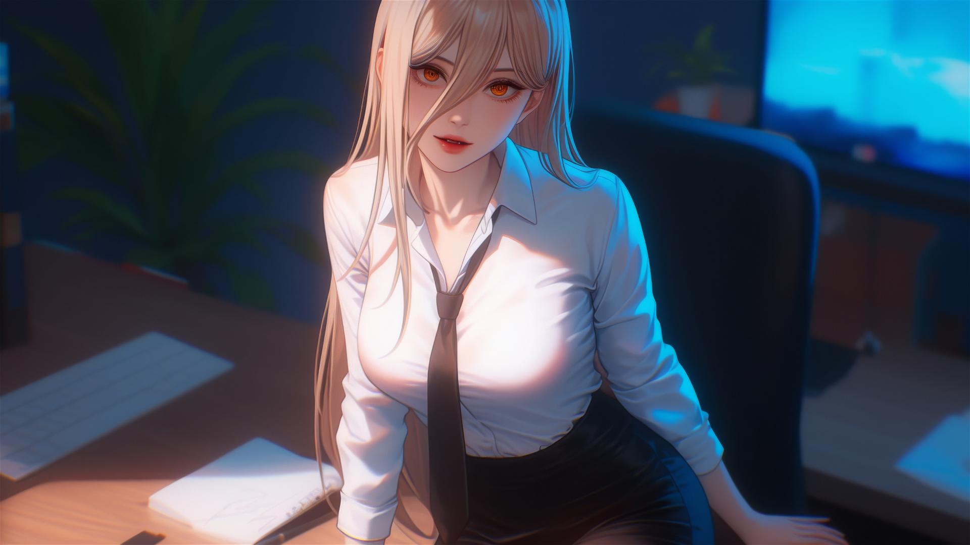 Bird's-eye view of Power from Chainsaw Man in office, showing blonde hair, light red horns, yellow eyes, distant in frame
