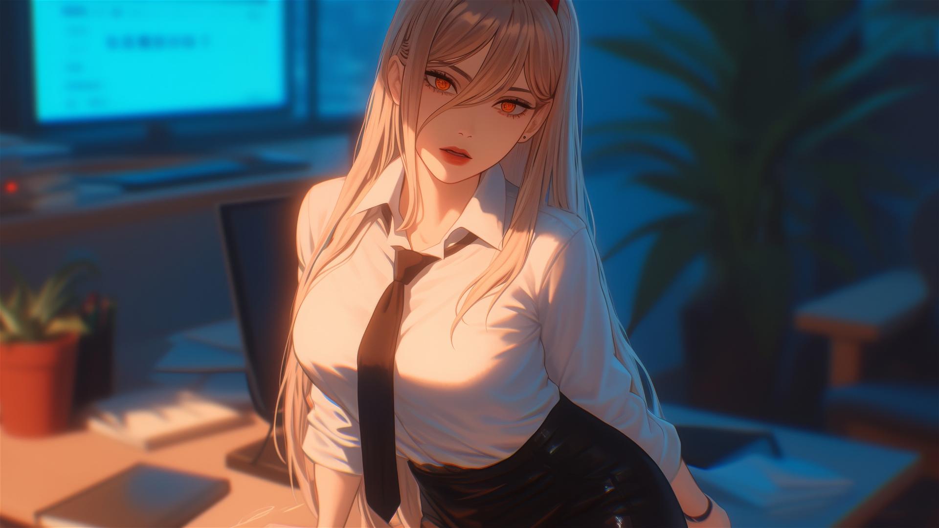 Bird's-eye perspective of Power from Chainsaw Man, standing in the office, showcasing her thigh, blonde hair, red horns, and yellow eyes