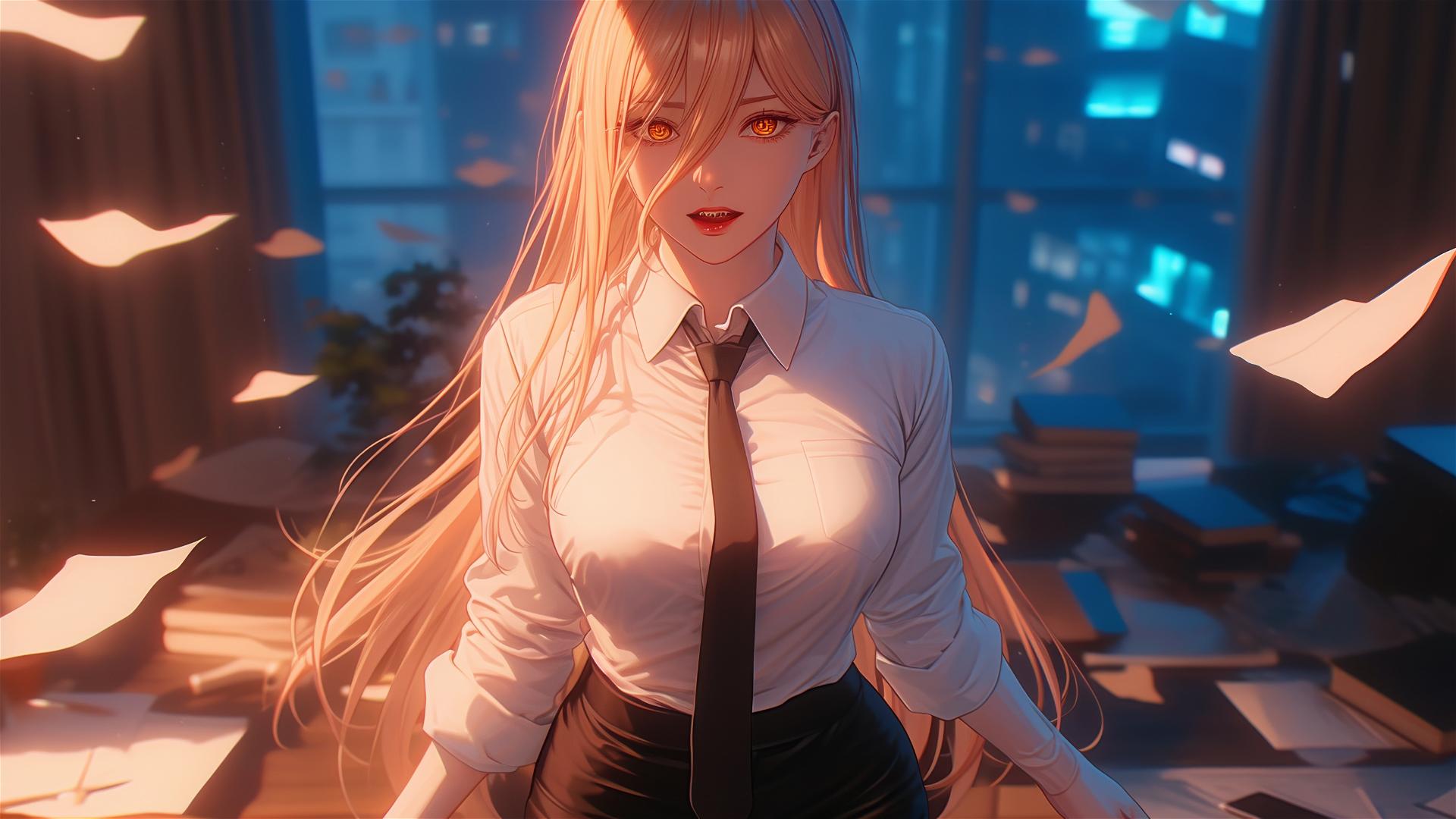Bird's-eye view of character Power in Chainsaw Man, standing in office with blonde hair, light red horns and yellow eyes, looking distant in the frame