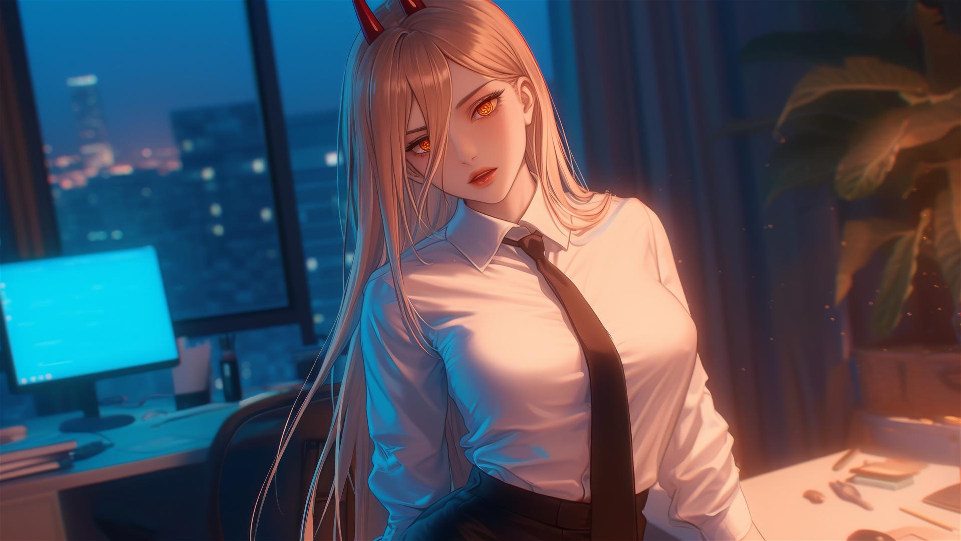 Power from Chainsaw Man in office, seen from above, with blonde hair and light red horns