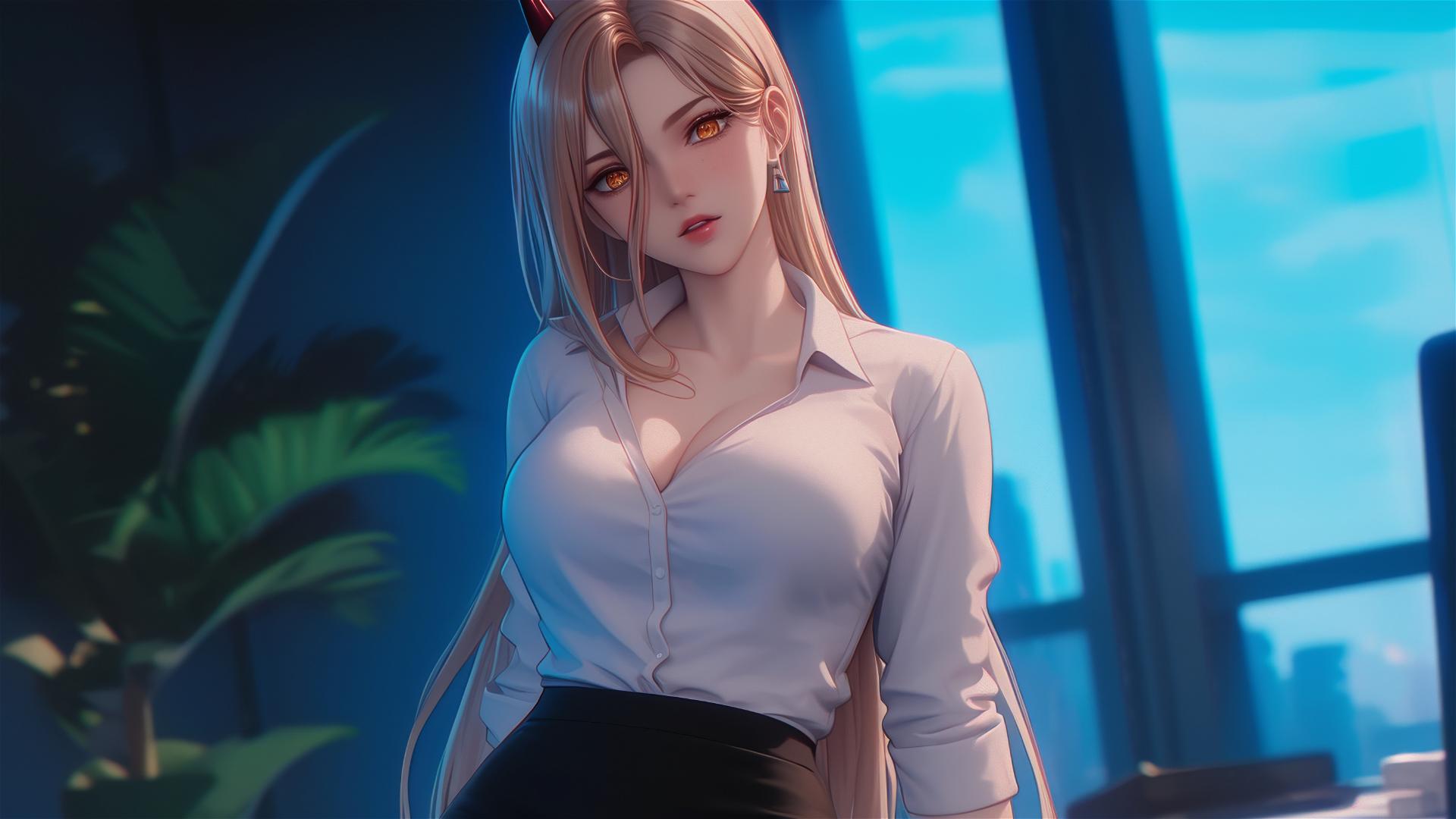 A bird's-eye perspective of Power from Chainsaw Man standing in an office