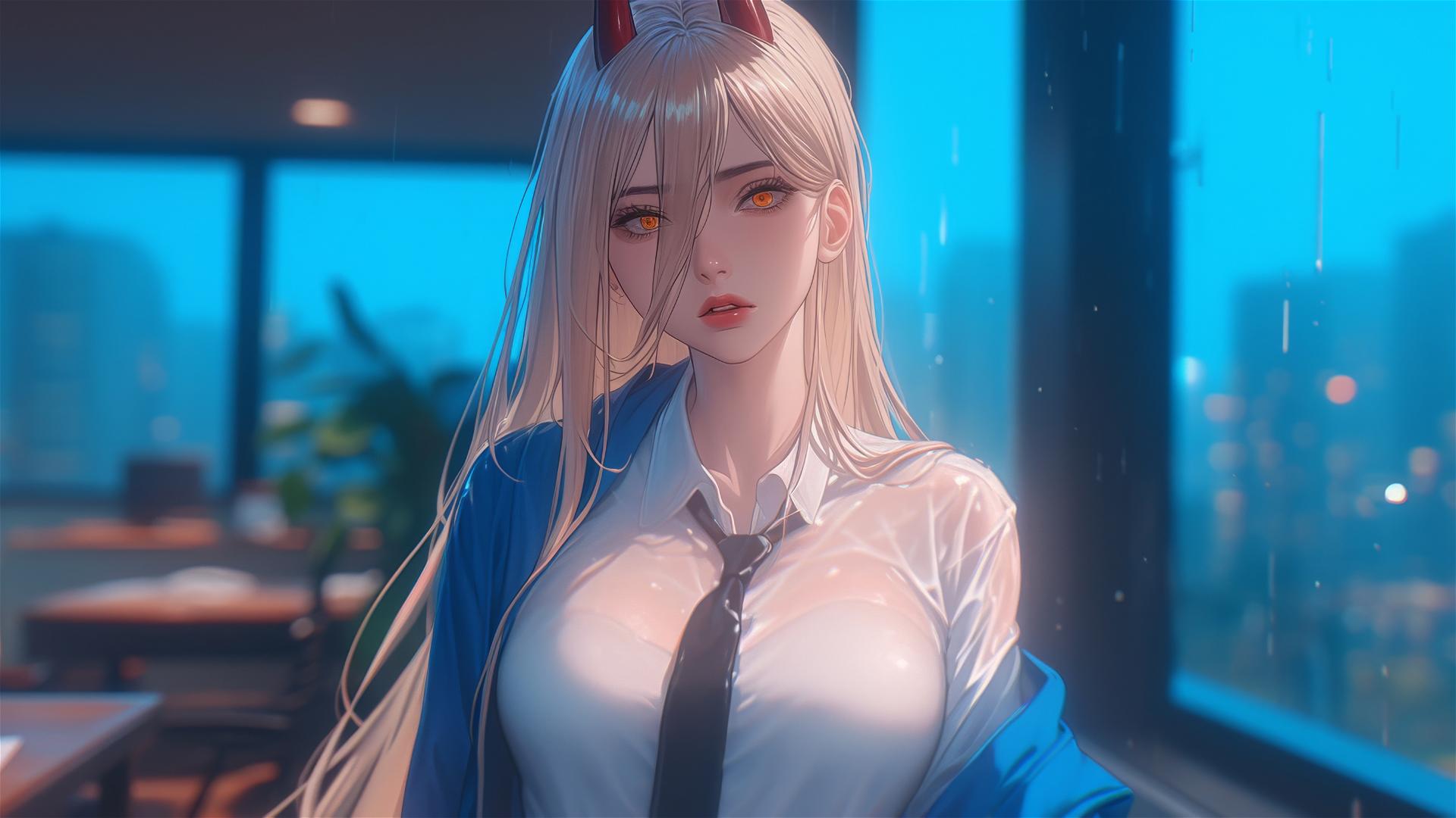 Blonde with light red horns and yellow eyes in office