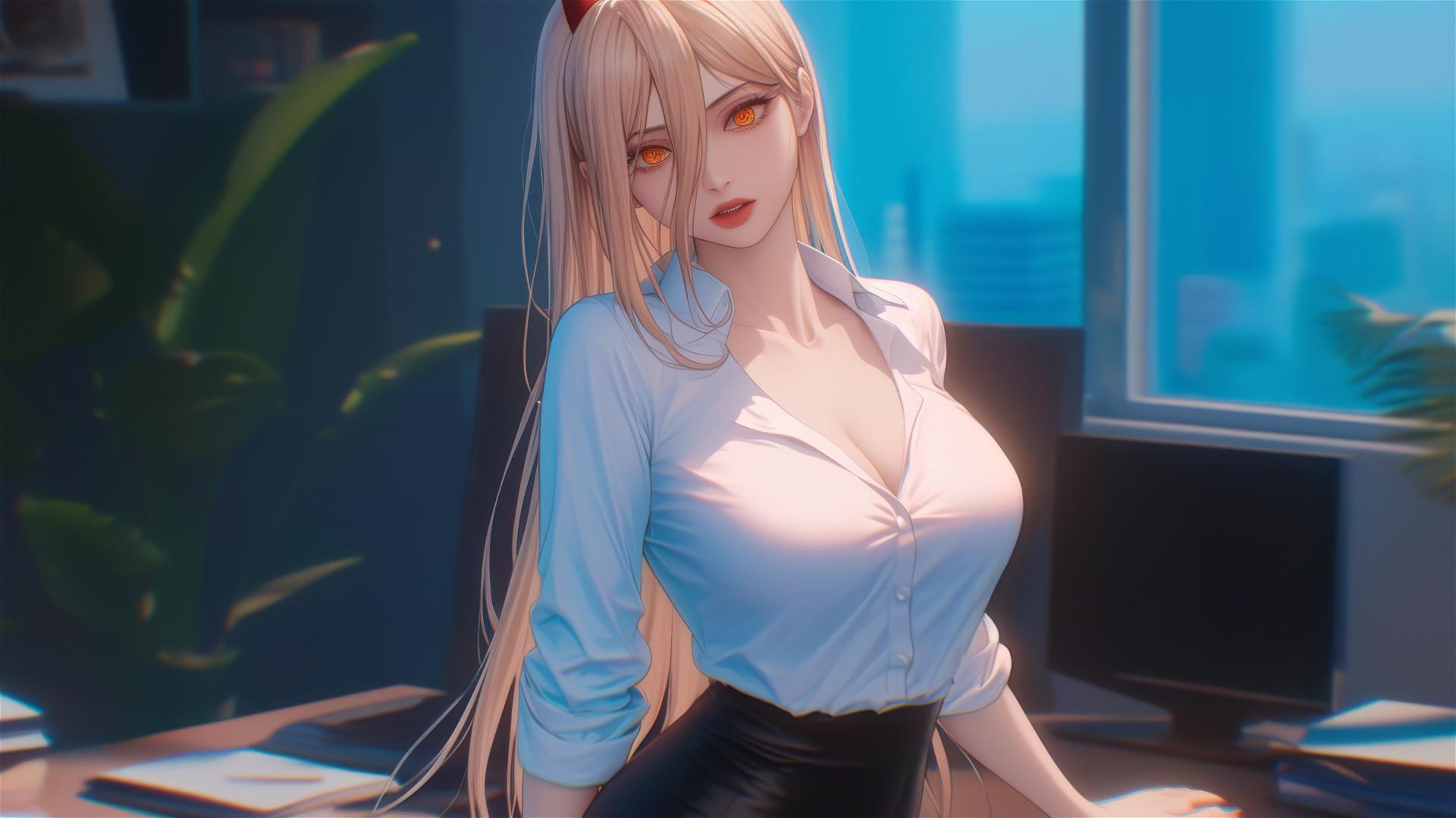 Bird's-eye view of Power from Chainsaw Man in her office, showcasing blonde hair, red horns, and yellow eyes.