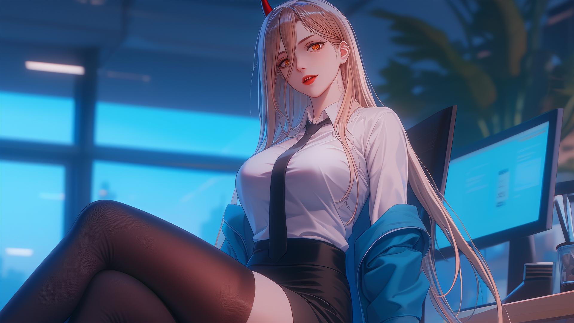 Remote angle view of Power from Chainsaw Man at her office focusing on her features and the depth of her office