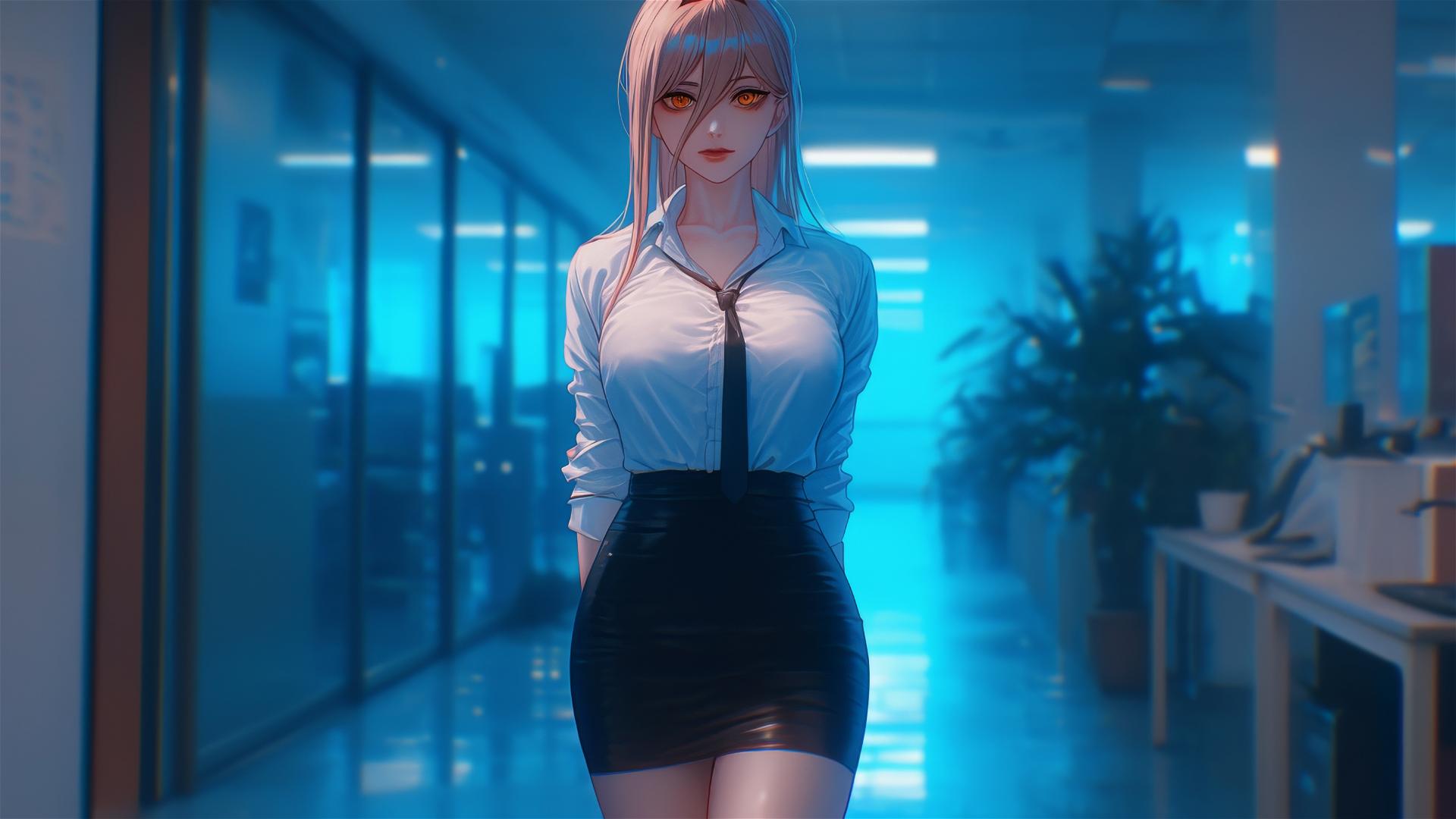 Power from Chainsaw Man at end of office hallway with focus on her thighs, blonde hair, red horns, and yellow eyes.