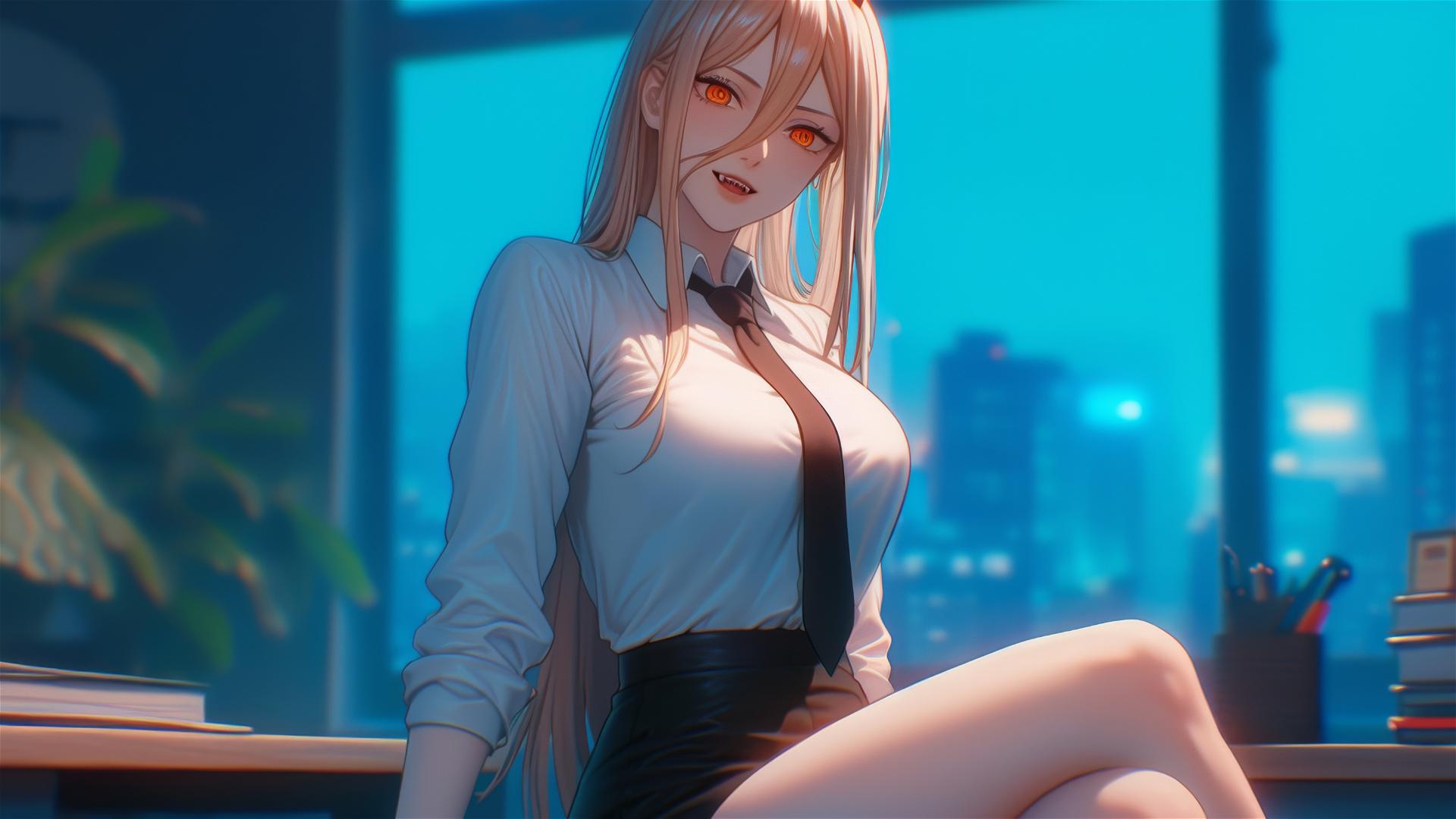 Blonde, light red-horned Remote Angle from Chainsaw Man in office, focusing on thighs, yellow eyes