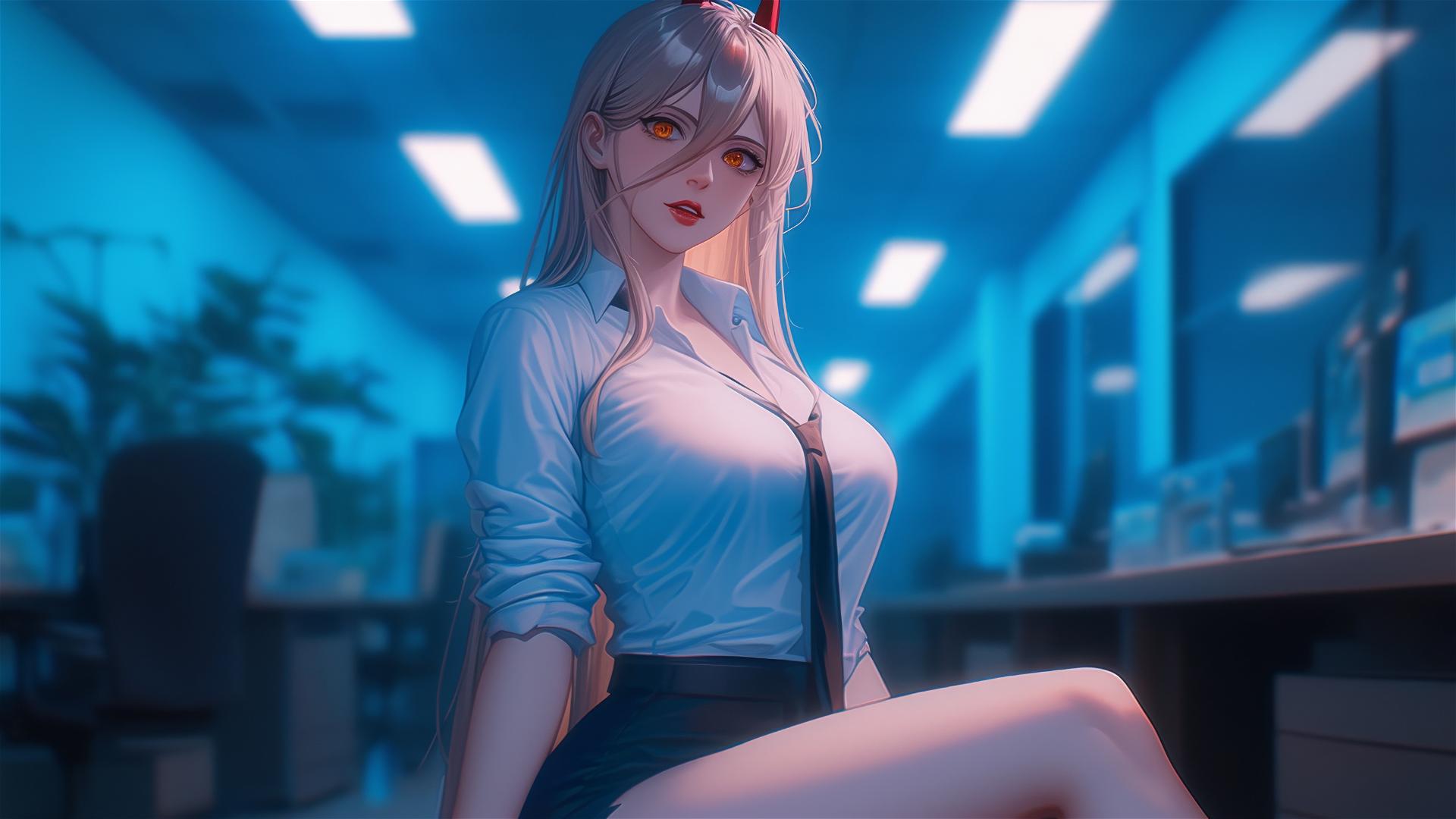 Artistic representation of Power from Chainsaw Man at the end of an office hallway, focusing on features like her blonde hair, light red horns, and yellow eyes.