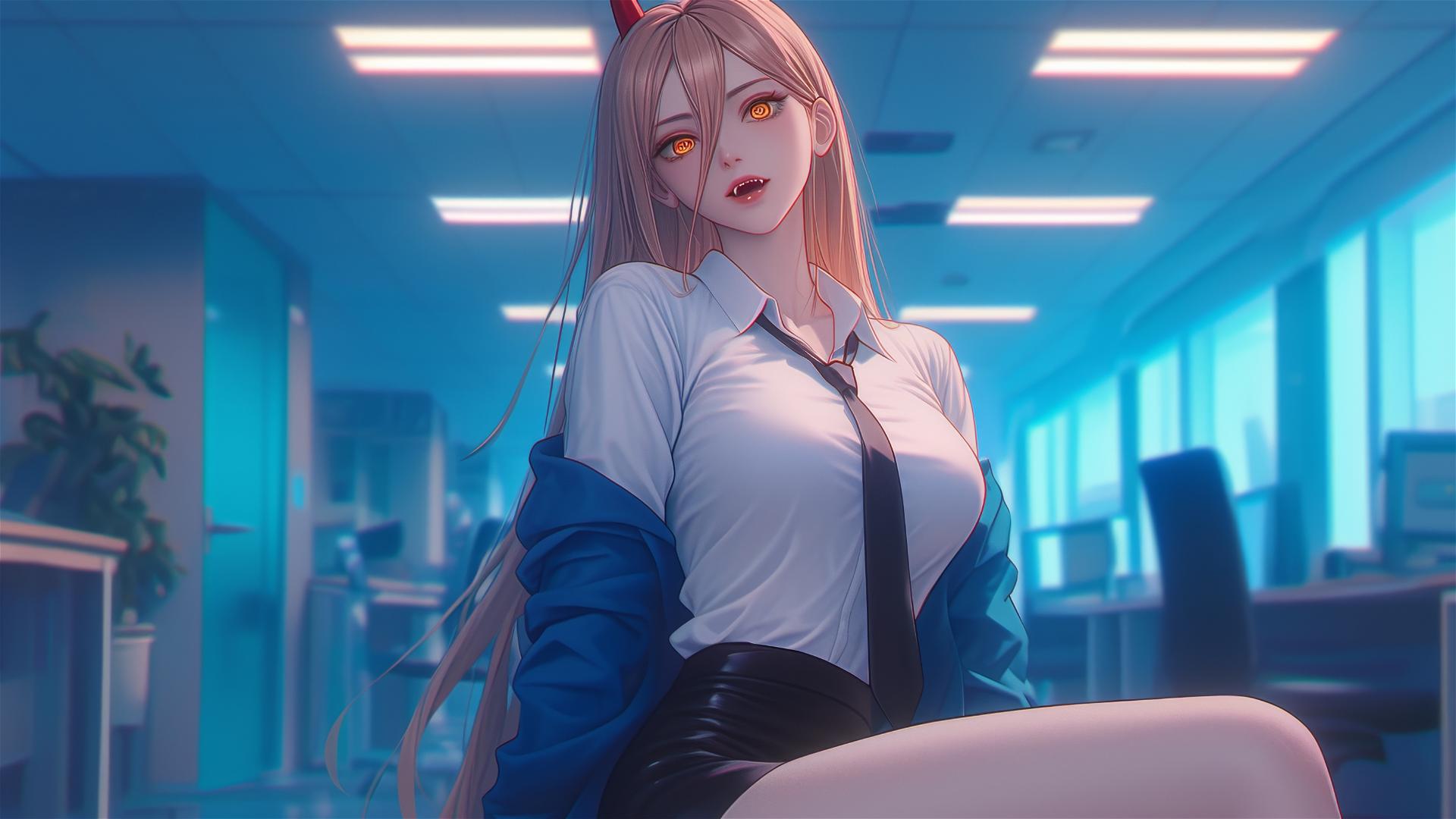 Power from Chainsaw Man in office hallway with blonde hair and red horns