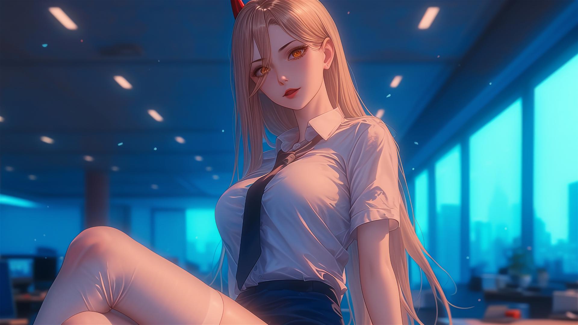 Remote angle showcasing Power from Chainsaw Man at the end of an office hallway, emphasizing her thighs, blonde hair, light red horns, and yellow eyes