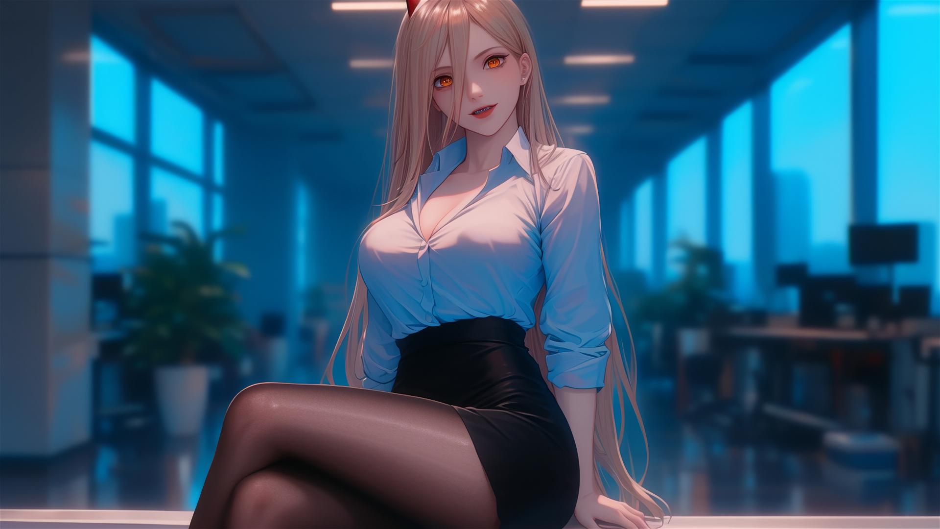 Remote angle Power from Chainsaw Man at end of office hallway with a focus on thighs, blonde hair, light red horns, and yellow eyes
