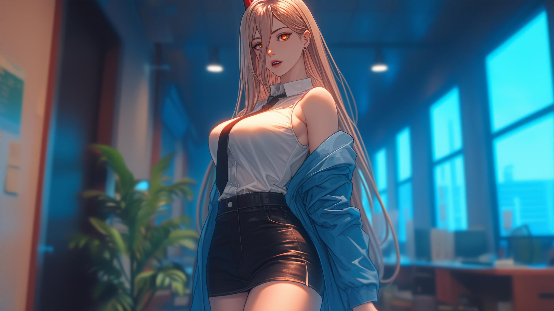 Power from Chainsaw Man at the end of an office hallway focusing on her physical attributes