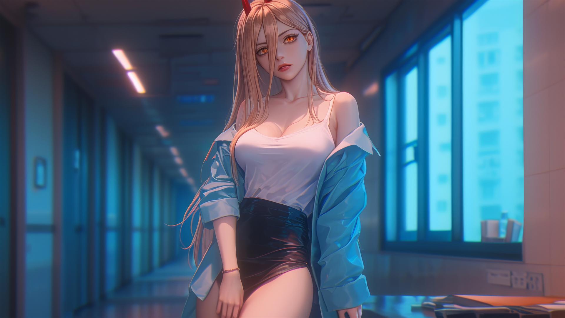 Power from Chainsaw Man at office hallway end, showcasing her blonde hair, light red horns, and yellow eyes