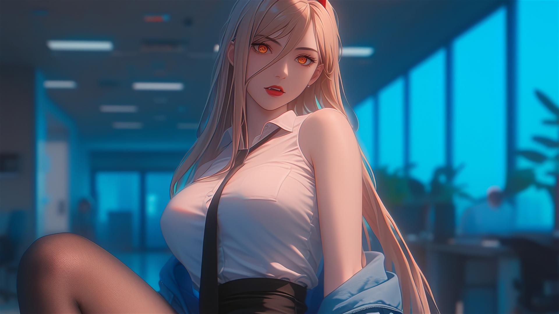 Remote angle view of Power from Chainsaw Man at the end of an office hallway, highlighting thighs, blonde hair, light red horns and yellow eyes