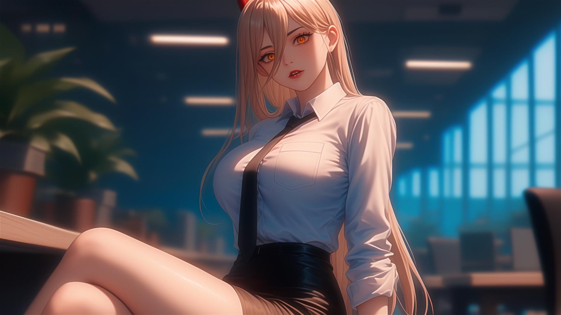 Remote angle of Power from Chainsaw Man in office hallway with focus on blonde hair, red horns, and yellow eyes.