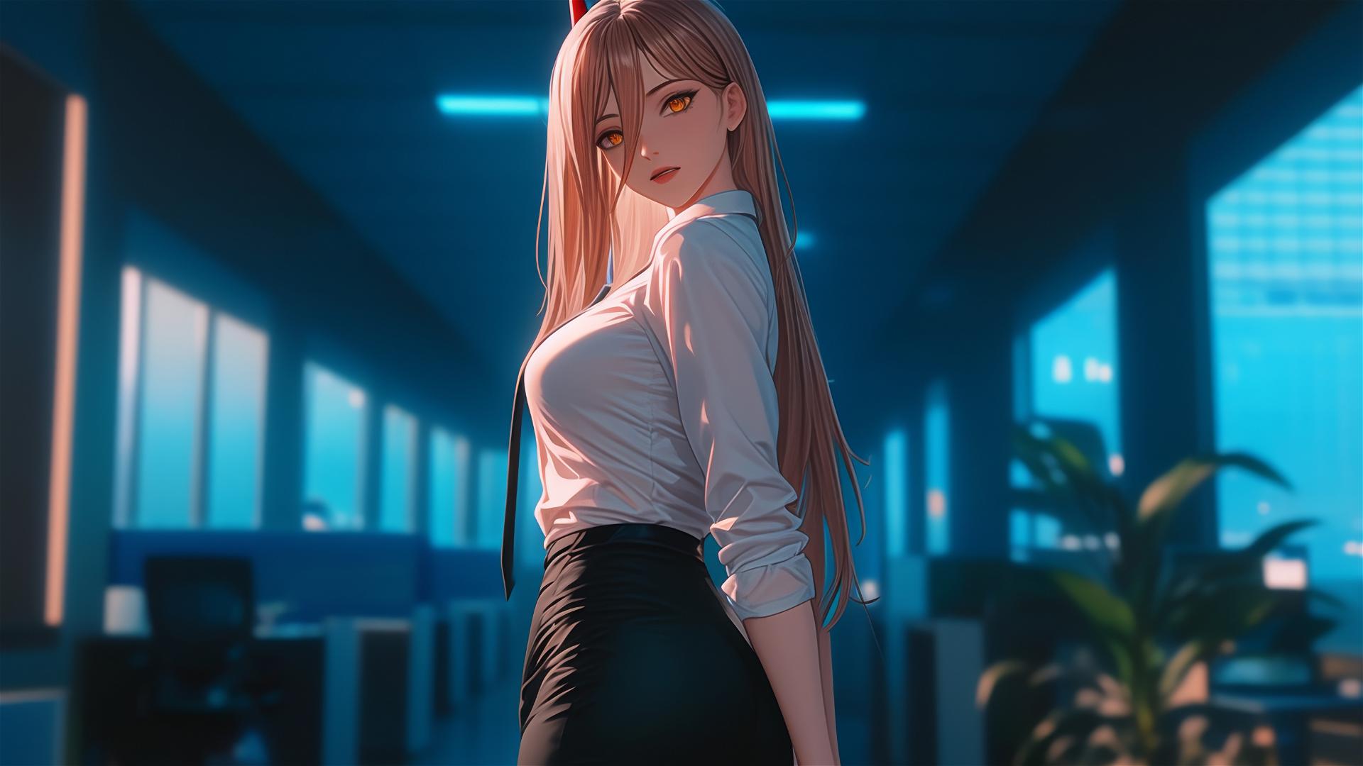 Remote angle of Power from Chainsaw Man at end of an office hallway, focusing on her blonde hair, light red horns, yellow eyes and thighs