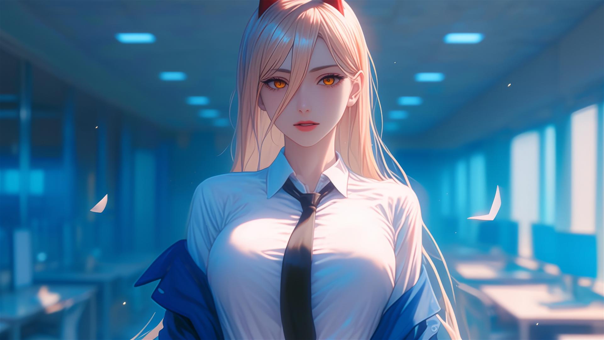 Remote angle of Power from Chainsaw Man in an office hallway, highlighting blonde hair, light red horns, and yellow eyes