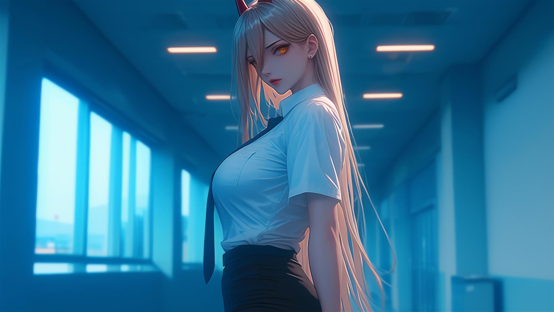 Blonde female character from Chainsaw Man with light red horns and yellow eyes at end of office hallway