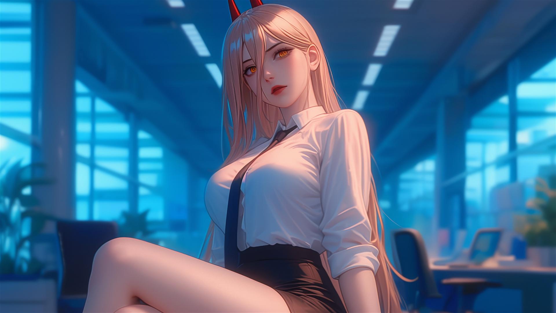 Power from Chainsaw Man at the end of an office hallway, focused on thighs, blonde hair, light red horns, yellow eyes